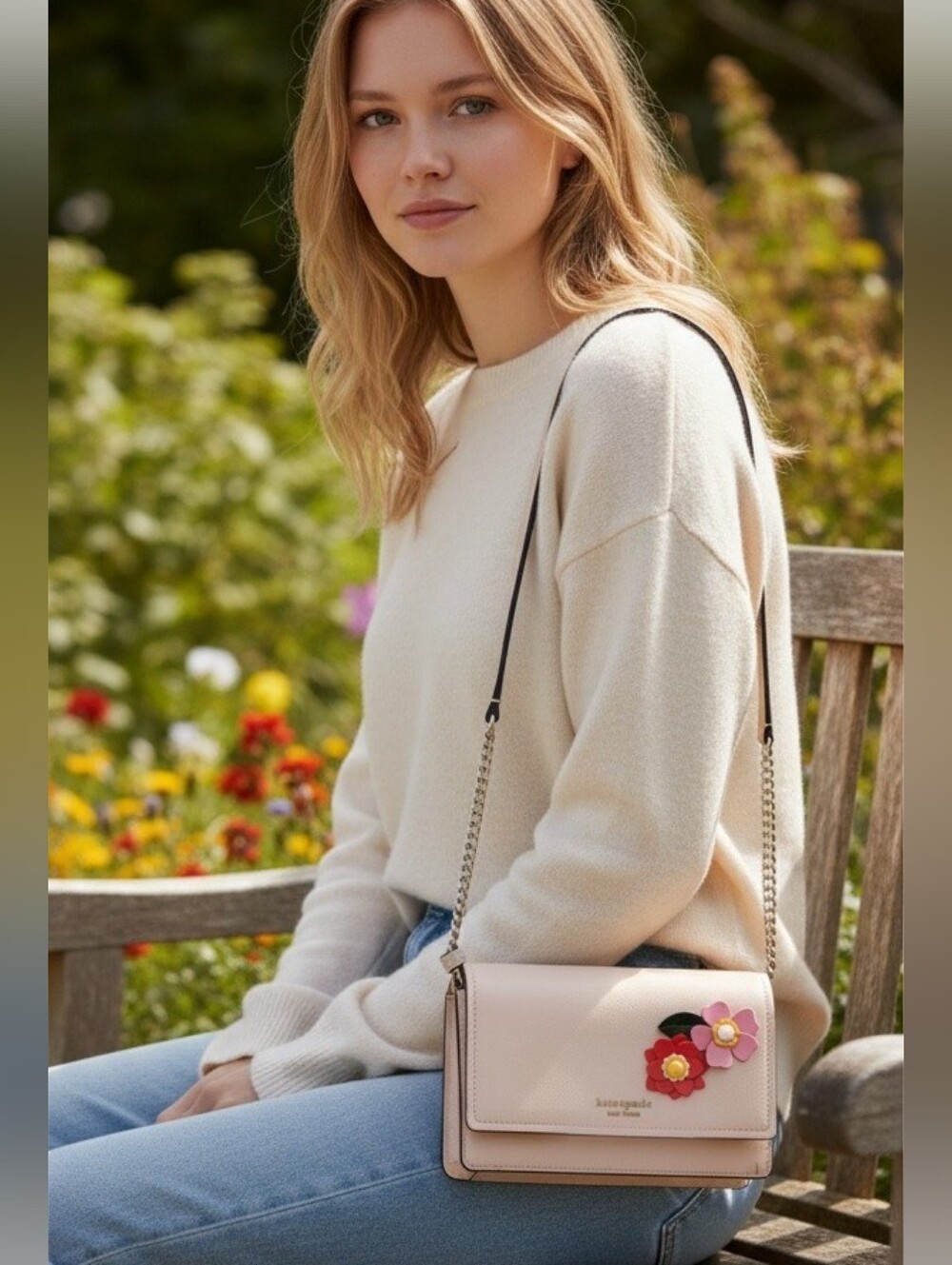 Kate Spade ♠️ New York Petal Flap Chain Wallet small crossbody bag Milk Glass